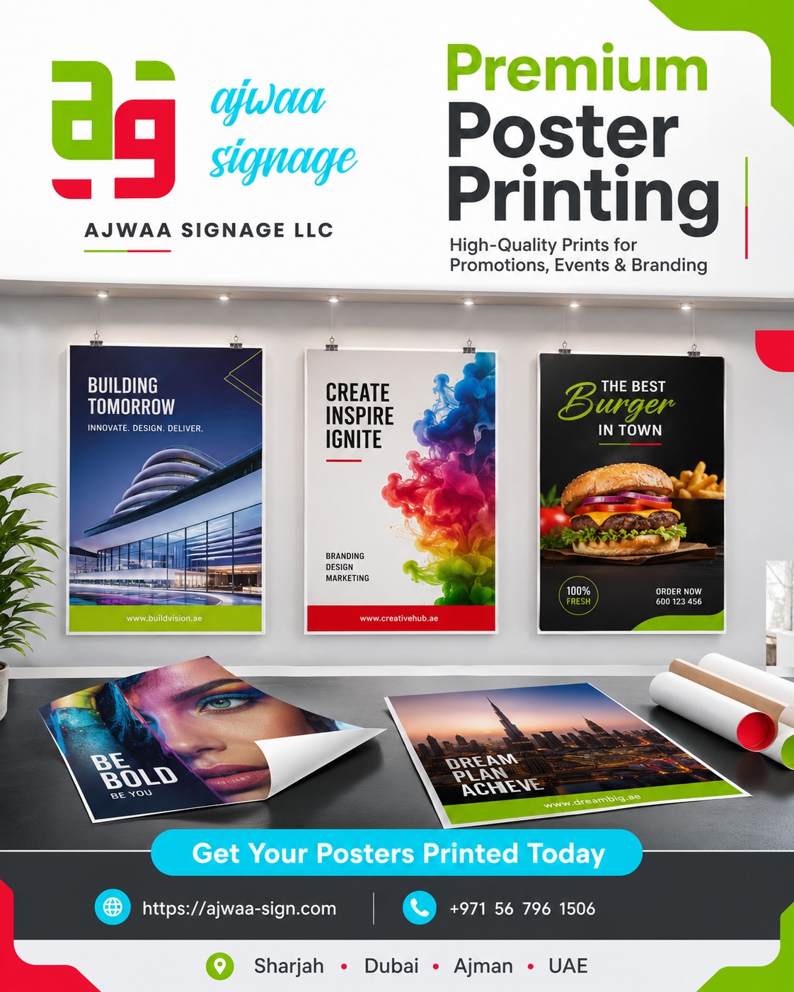 Custom poster printing showcase display in Dubai